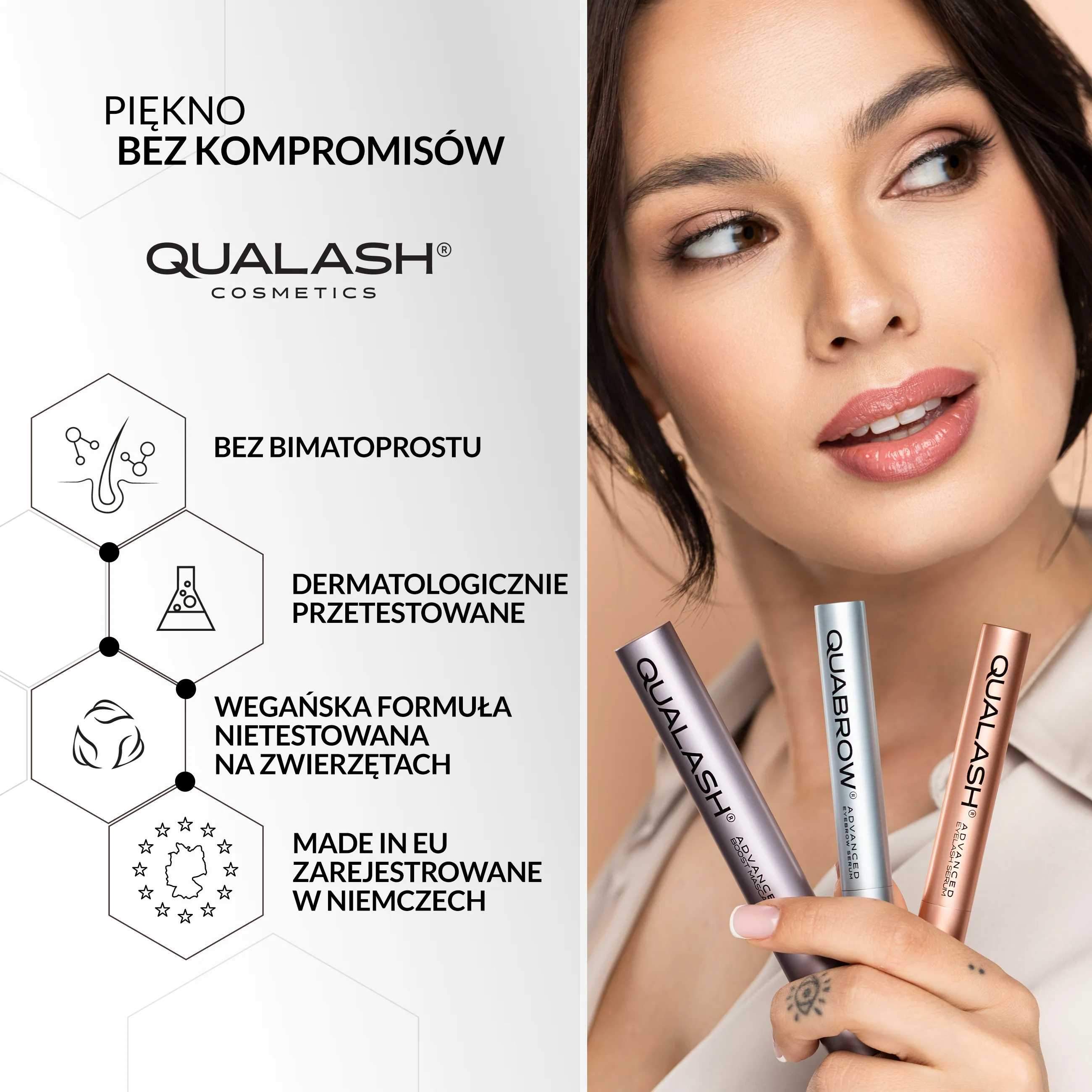Kobieta trzymająca odżywki Qualash do rzęs i brwi, z wyróżnionymi cechami produktu: bez bimatoprostu, dermatologicznie przetestowane, wegańska formuła nietestowana na zwierzętach, wyprodukowane w UE i zarejestrowane w Niemczech.