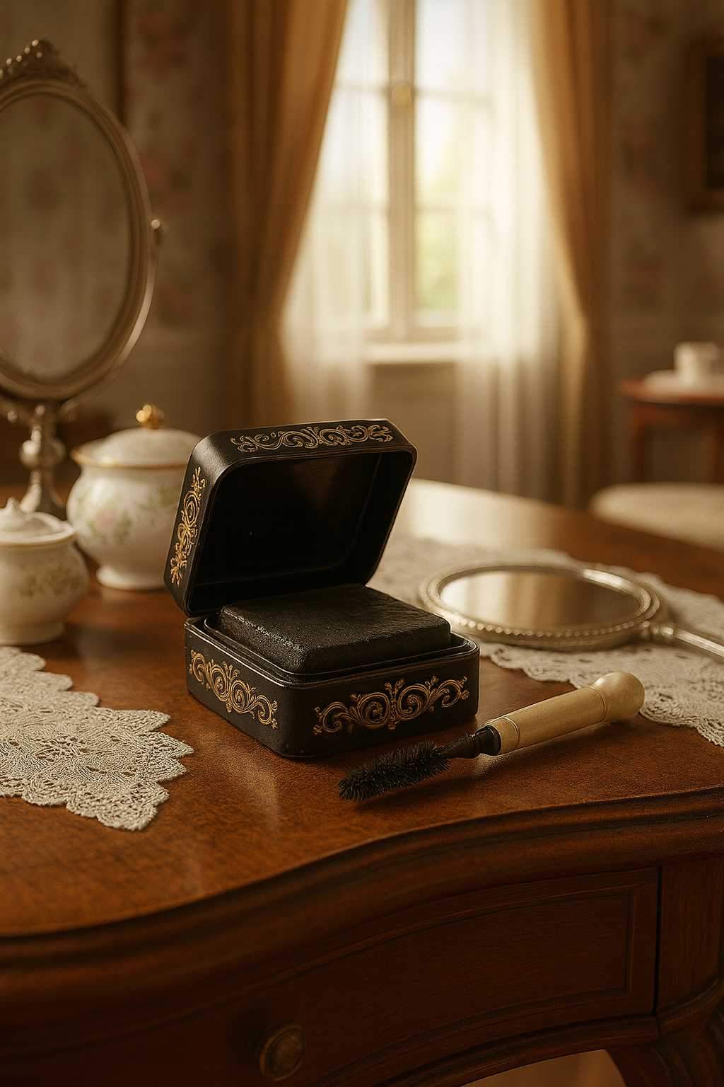 Dawny tusz do rzęs z końca XIX wieku w ozdobnym czarnym pudełku ze złotymi zdobieniami, na eleganckiej toaletce z koronką i lusterkiem.